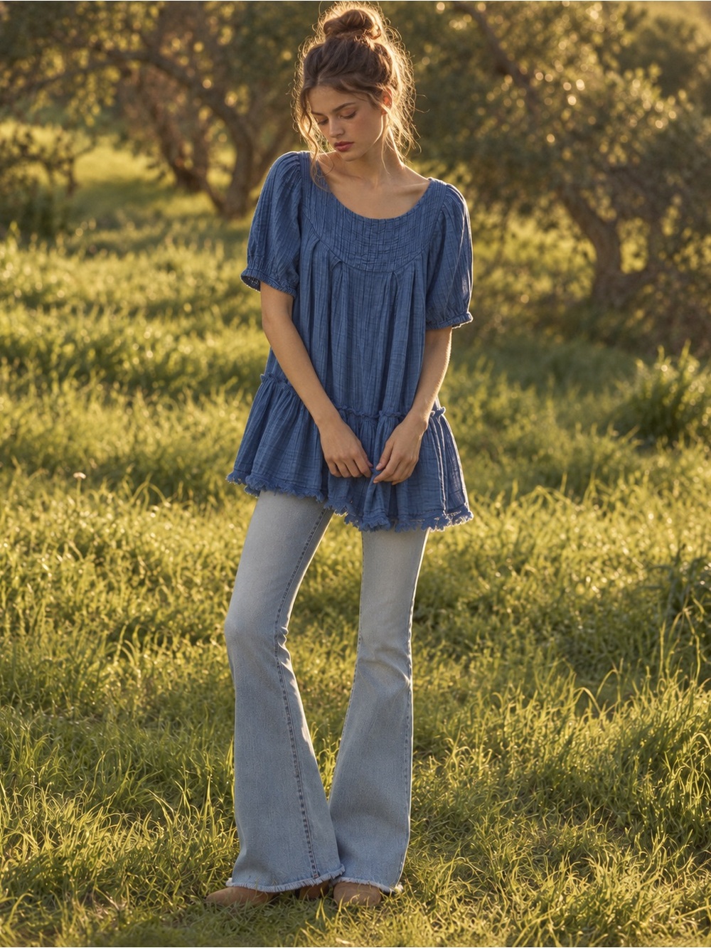 Free People Cotton Gauze Boho Tunic Dress XS Indigo Blue Mystery Land Babydoll
